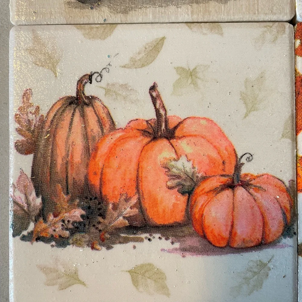 Hand Crafted Glittery Autumn Pumpkin Coasters - Orange and Green